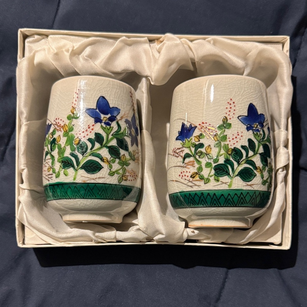Floral Ceramic Tea Cups Set - Blue and Green